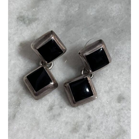 Vintage Sterling Silver Taxco Mexico Black Onyx Inlay Dangle Earrings - Picture 6 of 7